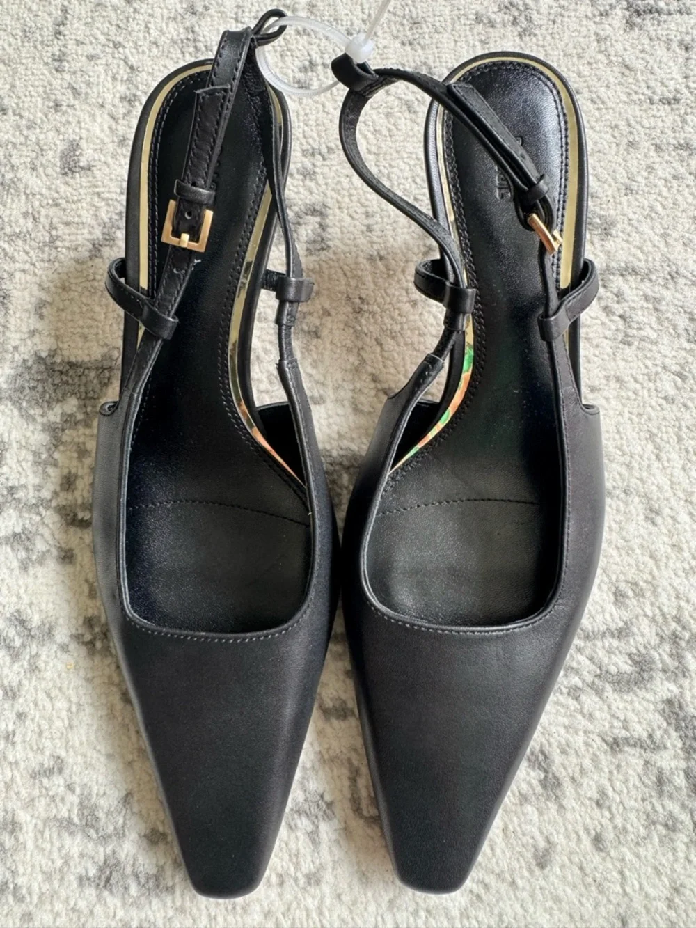 PAIGE Winnie Black Leather Pointed Toe Slingback Pump with Gold Buckle - Picture 3 of 10